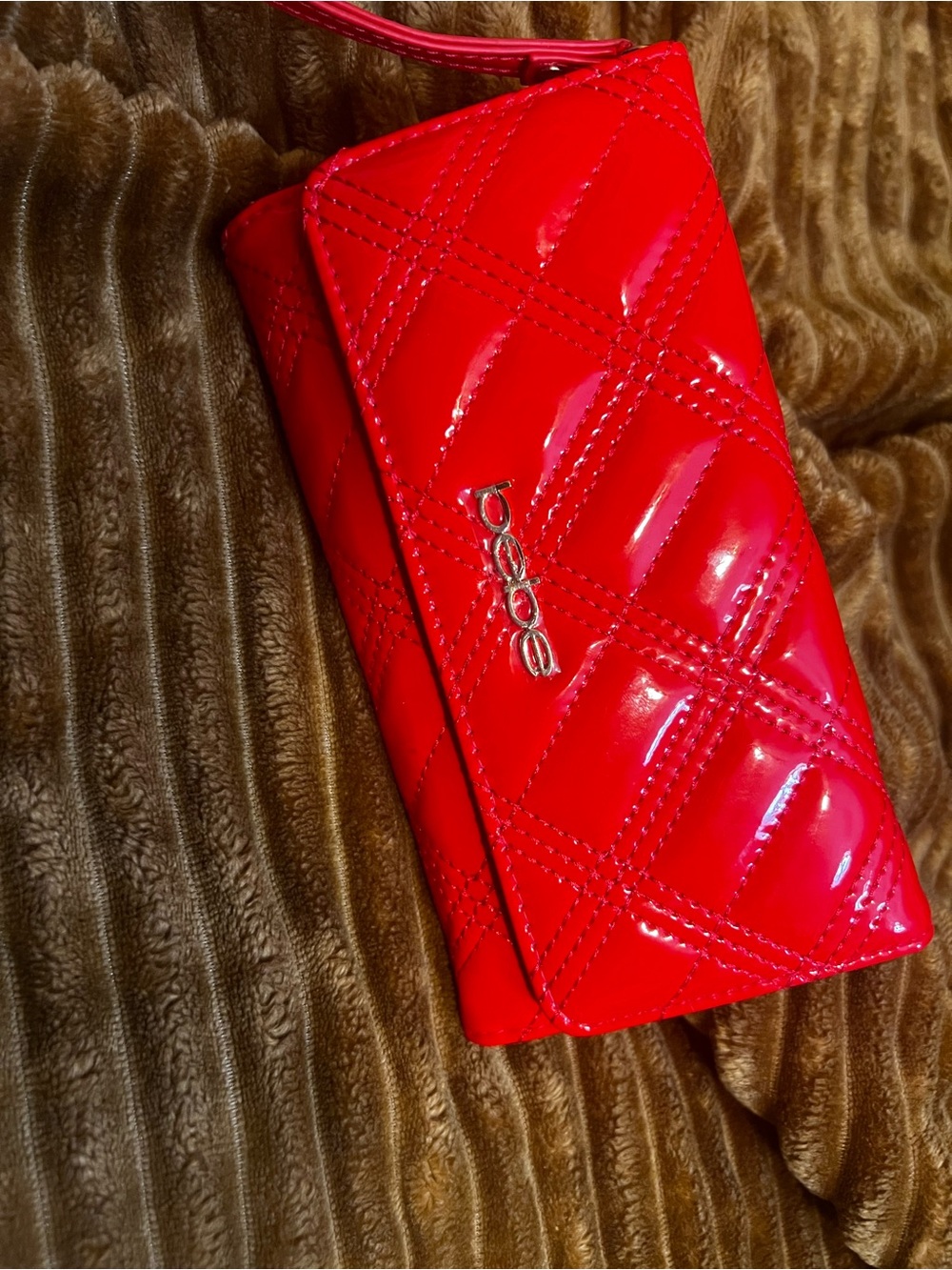 bebe Red Quilted Patent Leather Wristlet Clutch